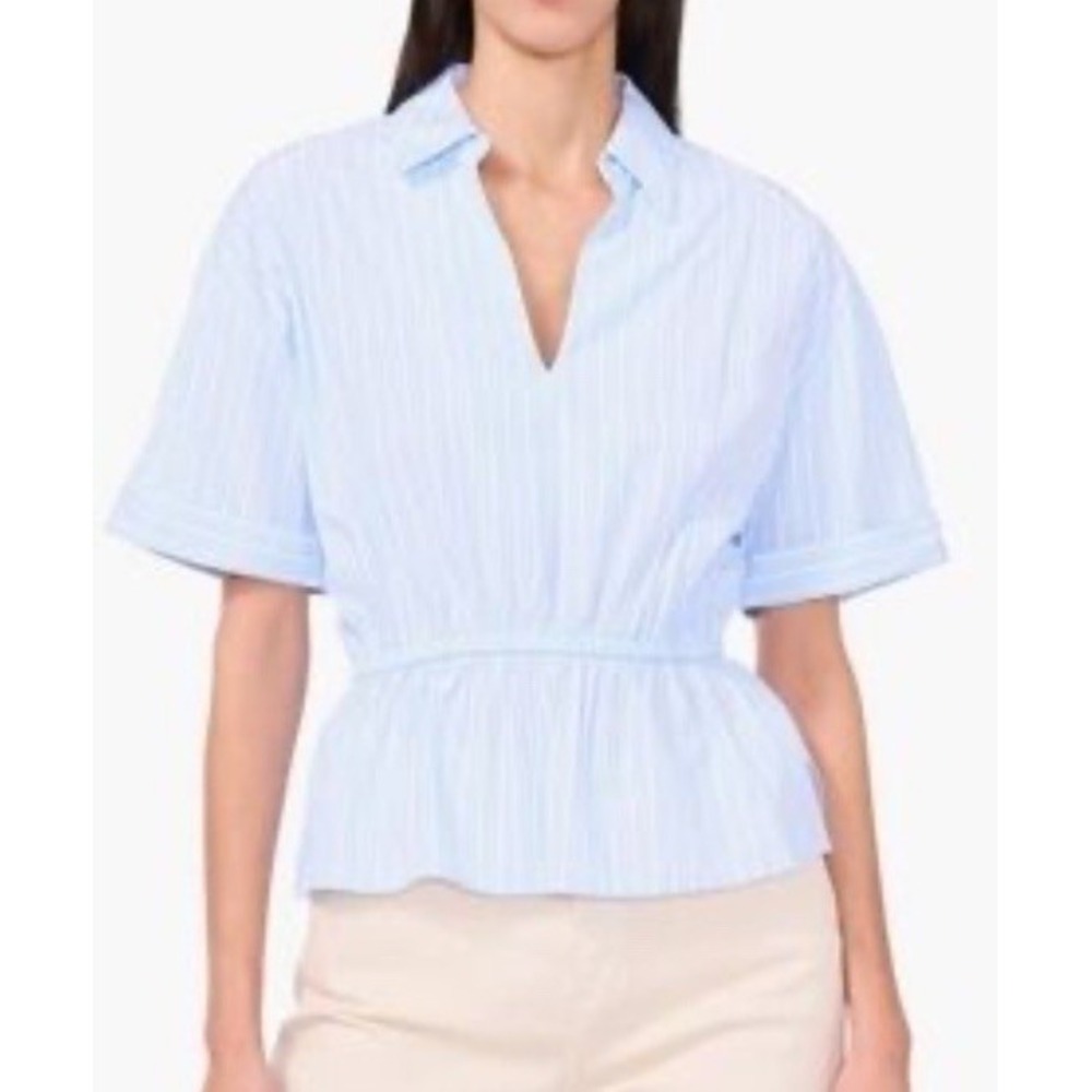 1. State Johnny Collar Gathered Waist Short Sleeve Blouse Blue White Size Large